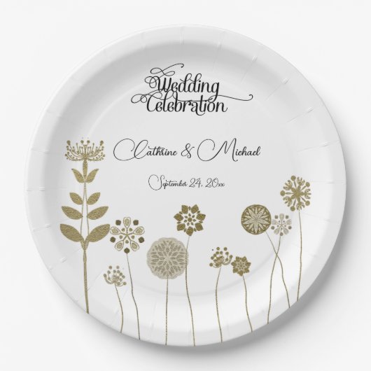 Elegante tijdloze zachte gouden bloemen minimalism papieren bordje (Voorkant)