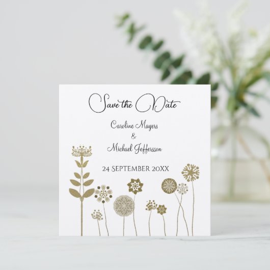 Elegante tijdloze zachte gouden bloemen minimalism save the date (Staand voorkant)