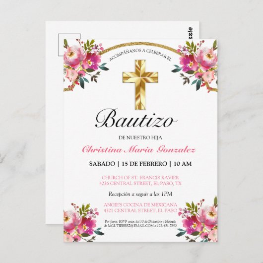 Elegante Tinta Floral Bautizo Cruz De Oro Briefkaart (Voorkant / Achterkant)