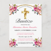 Elegante Tinta Floral Bautizo Cruz De Oro Briefkaart (Voorkant)