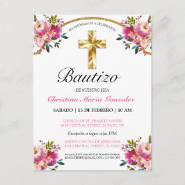 Elegante Tinta Floral Bautizo Cruz De Oro Briefkaart