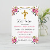 Elegante Tinta Floral Bautizo Cruz De Oro Kaart (Staand voorkant)