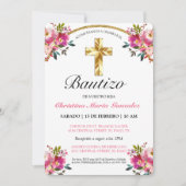 Elegante Tinta Floral Bautizo Cruz De Oro Kaart (Voorkant)
