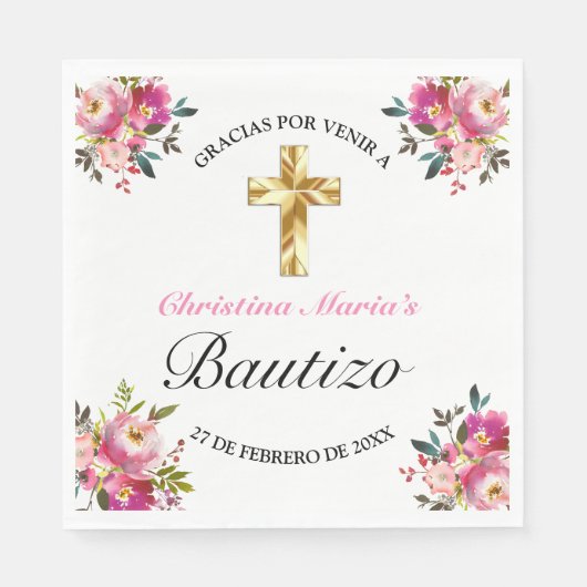 Elegante Tinta Floral Bautizo Cruz De Oro Servet (Voorkant)
