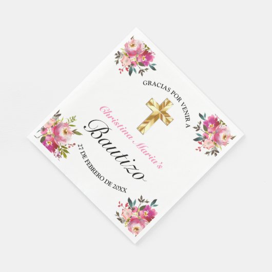 Elegante Tinta Floral Bautizo Cruz De Oro Servet (Hoek)
