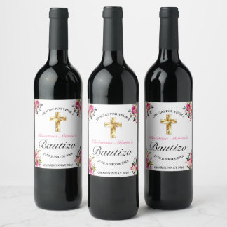 Elegante Tinta Floral Bautizo Cruz De Oro Wijn Etiket