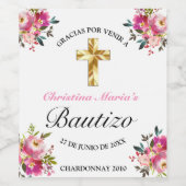Elegante Tinta Floral Bautizo Cruz De Oro Wijn Etiket (Enkel label)