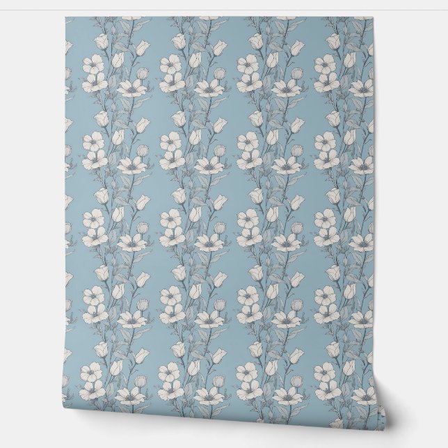 Elegante tinten van blauwe en witte bloemen behang (Afrollen)