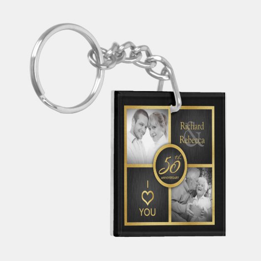 Elegante "toen en nu" Zwart en Goud 50ste bruiloft Sleutelhanger (Voorkant Links)