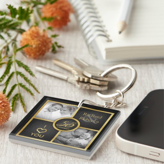 Elegante "toen en nu" Zwart en Goud 50ste bruiloft Sleutelhanger (Voorkant Rechts)