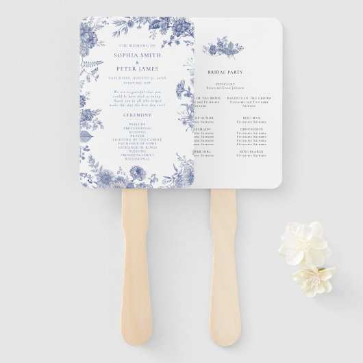 Elegante Toile Blauwe Ceremonieprogramma Handwaaie Handwaaier (Voorkant en achterkant)