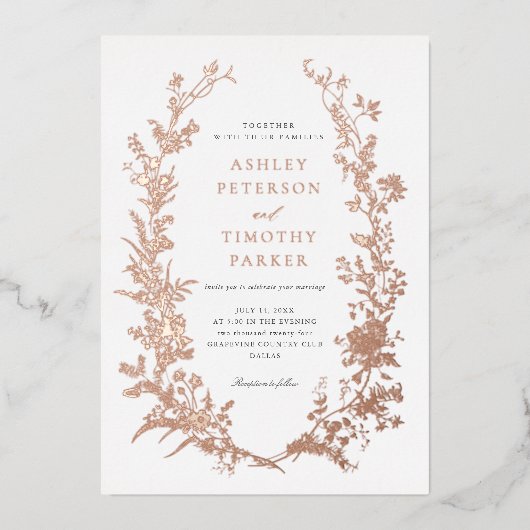 Elegante Toile Bloemenkrans Bruiloft Roos Goud Folie Uitnodiging (Voorkant)