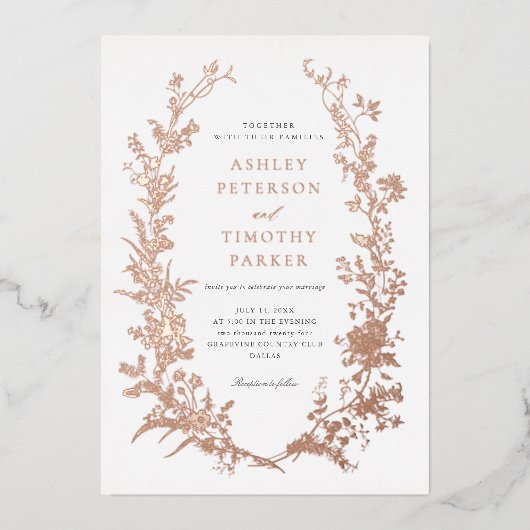Elegante Toile Bloemenkrans Bruiloft Roze Goud Folie Uitnodiging (Voorkant)