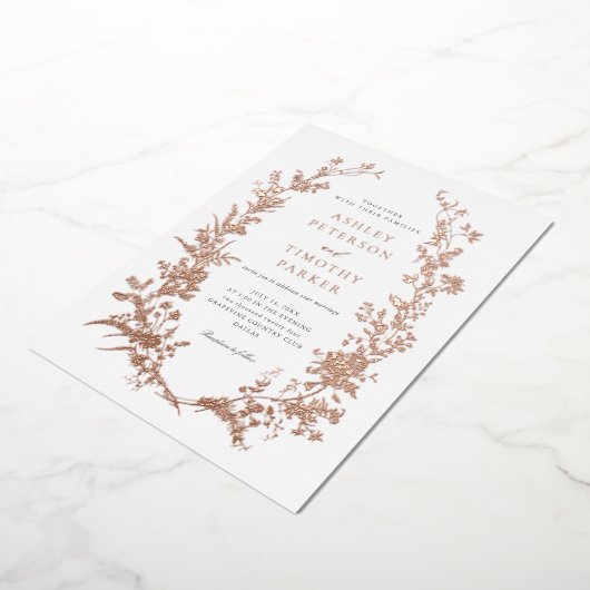 Elegante Toile Bloemenkrans Bruiloft Roze Goud Folie Uitnodiging (Gedraaid)