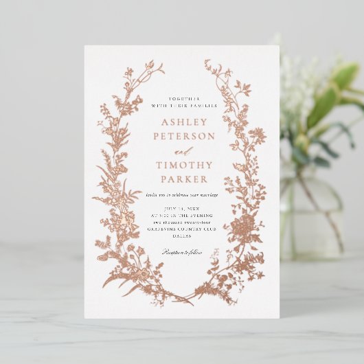 Elegante Toile Bloemenkrans Bruiloft Roze Goud Folie Uitnodiging (Staand Voorkant)