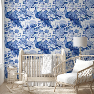 Elegante Toile De Jouy Blauwe Witte Peacock Bloeme Behang