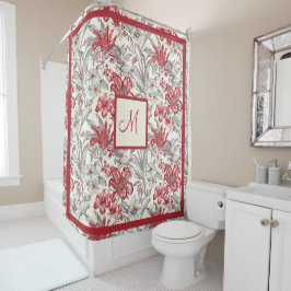 Elegante  Toile de Jouy Grey en Deep Red Douchegordijn