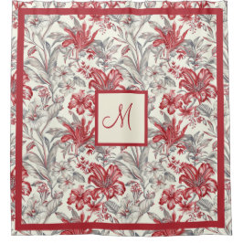Elegante  Toile de Jouy Grey en Deep Red Douchegordijn