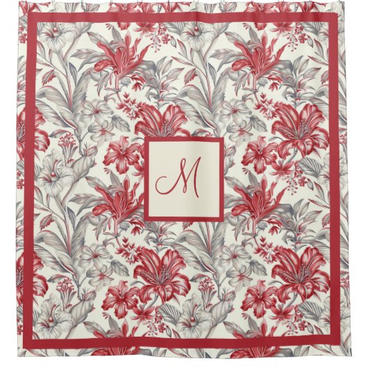 Elegante Toile de Jouy Grey en Deep Red Douchegordijn (Voorkant)