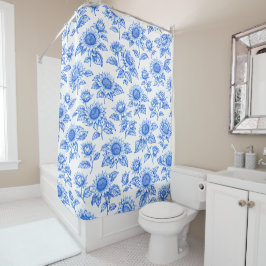 Elegante Toile du Jouy Zonnebloemen – Blauw Botani Douchegordijn