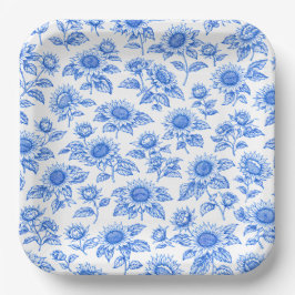 Elegante Toile du Jouy Zonnebloemen – Blauw Botani Papieren Bordje