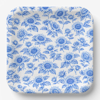 Elegante Toile du Jouy Zonnebloemen – Blauw Botani Papieren Bordje