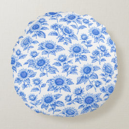 Elegante Toile du Jouy Zonnebloemen – Blauw Botani Rond Kussen