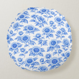 Elegante Toile du Jouy Zonnebloemen – Blauw Botani Rond Kussen
