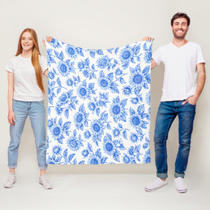 Elegante Toile du Jouy Zonnebloemen – Blauwe Botan Fleece Deken