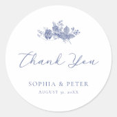 Elegante Toile Franse Blauwe Bloemen Dank u Sticke Ronde Sticker (Voorkant)