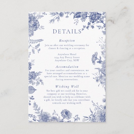 Elegante Toile Franse Blauwe Bloemen Enclosure Kaa Informatiekaartje (Voorkant)