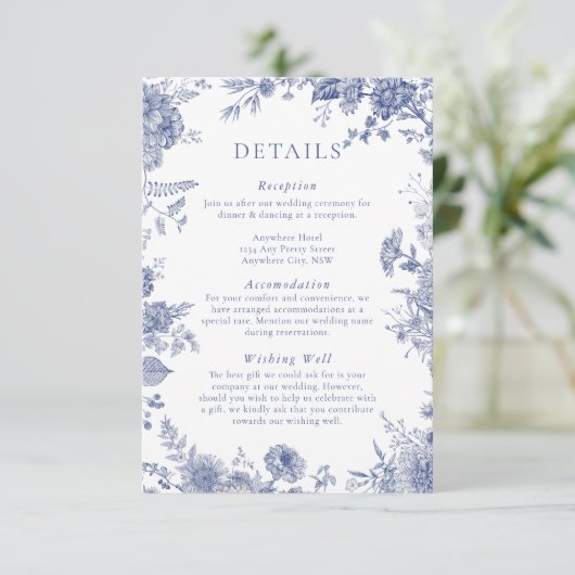 Elegante Toile Franse Blauwe Bloemen Enclosure Kaa Informatiekaartje (Staand voorkant)