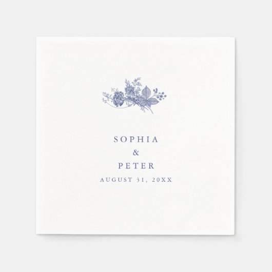 Elegante Toile Franse Blauwe Bloemen Huwelijk Servet (Voorkant)