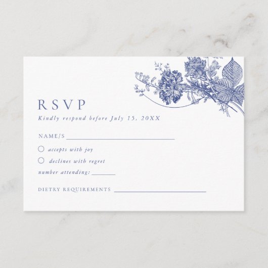 Elegante Toile Franse Blauwe Bloemen RSVP-kaart Informatiekaartje (Voorkant)
