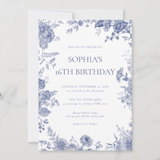 Elegante Toile Franse Blauwe Toile 16e verjaardag Kaart (Voorkant)