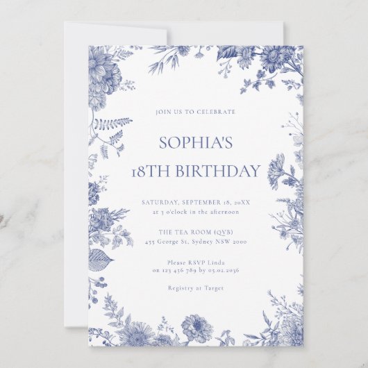 Elegante Toile Franse Blauwe Toile 18e verjaardag Kaart (Voorkant)