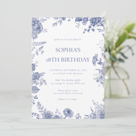 Elegante Toile Franse Blauwe Toile 18e verjaardag Kaart (Staand voorkant)