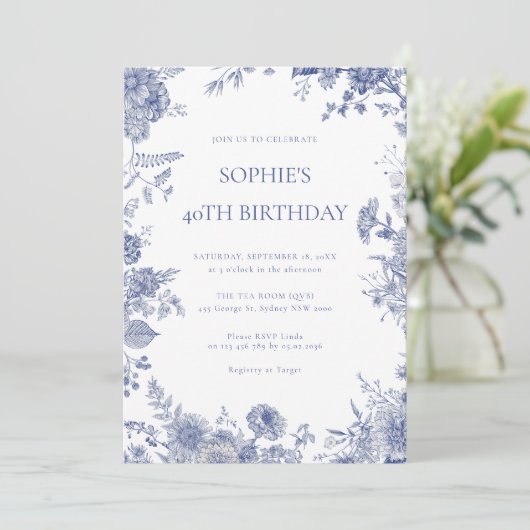 Elegante Toile Franse Blauwe Toile 40e verjaardag Kaart (Staand voorkant)