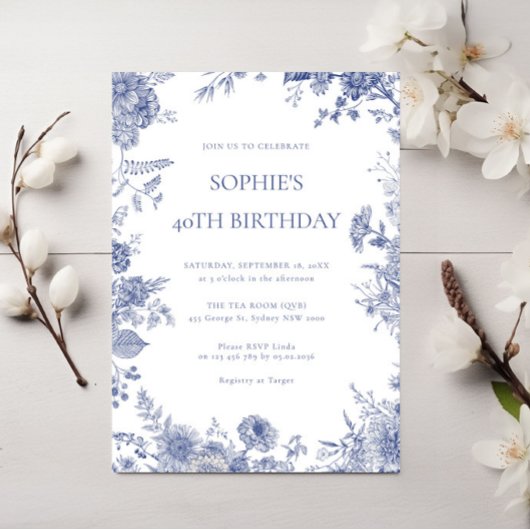 Elegante Toile Franse Blauwe Toile 40e verjaardag Kaart