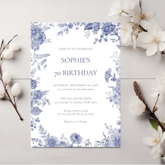 Elegante Toile Franse Blauwe Toile 70e verjaardag Kaart