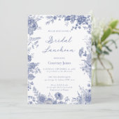 Elegante Toile Franse Blauwe Toile Bruids Luncheon Kaart (Staand voorkant)