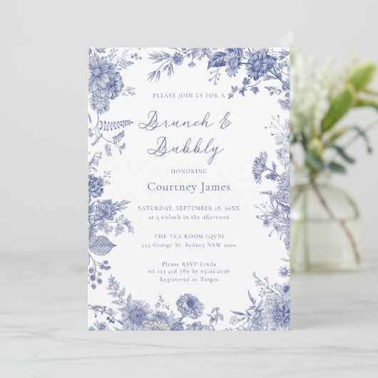 Elegante Toile Franse Blauwe Toile Brunch en Bubbl Kaart (Staand voorkant)