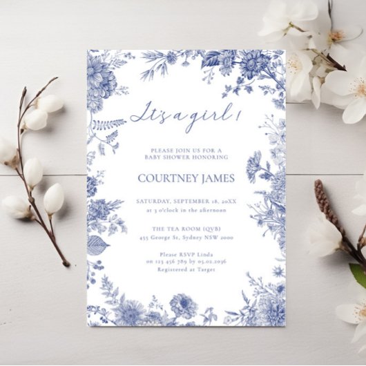 Elegante Toile Franse Blauwe Toile Het is een meis Kaart