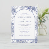 Elegante Toile Franse Blauwe Tuin Bloemen Kaart (Staand voorkant)