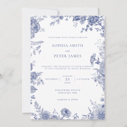 Elegante Toile Franse Blauwe Tuin Bloemen Kaart (Voorkant)