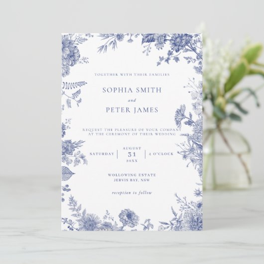 Elegante Toile Franse Blauwe Tuin Bloemen Kaart (Staand voorkant)