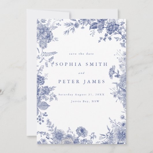 Elegante Toile Franse Blauwe Tuin Bloemen Kaart (Voorkant)