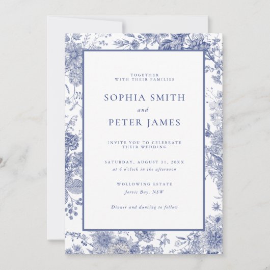 Elegante Toile Franse Blauwe Tuin Bloemen Kaart (Voorkant)