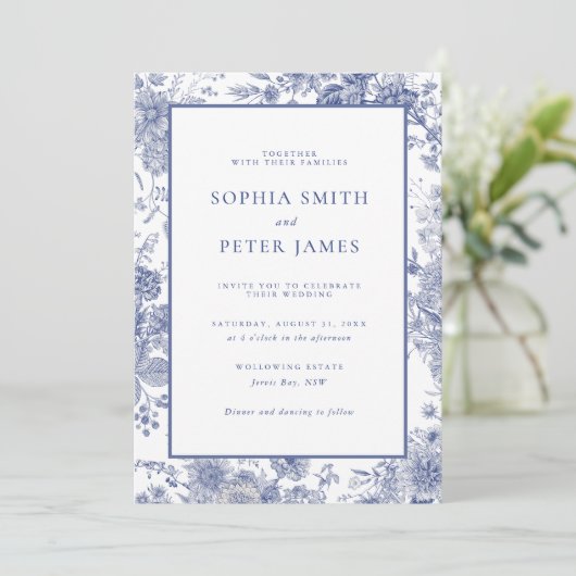 Elegante Toile Franse Blauwe Tuin Bloemen Kaart (Staand voorkant)