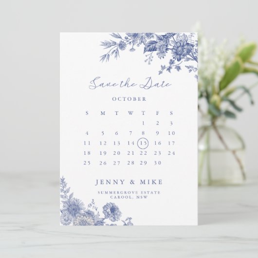 Elegante Toile Franse Blauwe Tuin Bloemen Kaart (Staand voorkant)